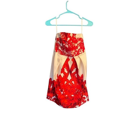 Tibi Rococo Vibrant Red and Cream 100% Silk Floral Boned Strapless Cocktail Dres - Picture 3 of 8